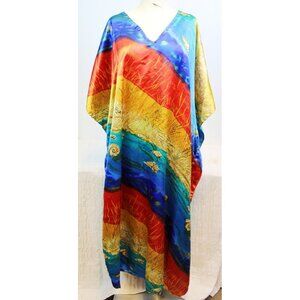 Winlar V-neck Kaftan House Dress 1-Size Colorful Lounge wear Satin Beach Ocean